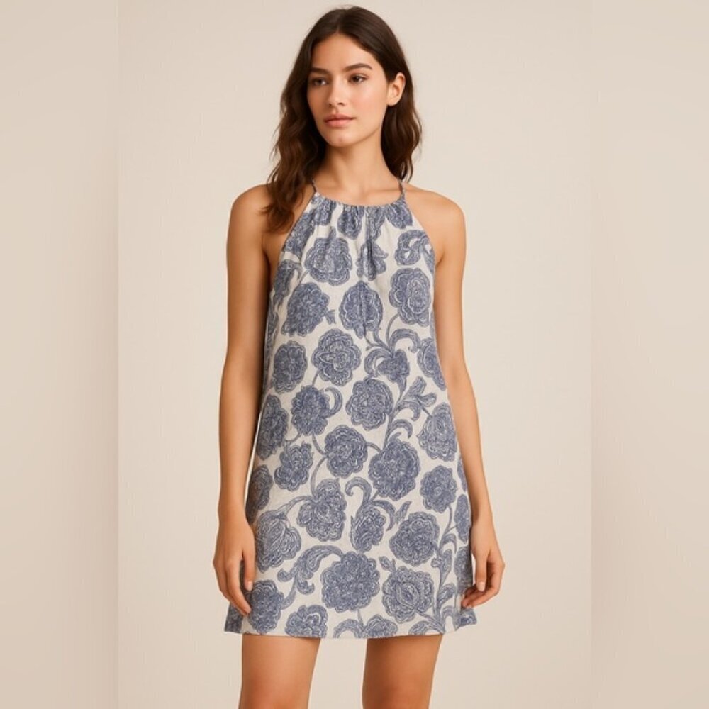 MNG Collection Silk Blue Floral Halter Dress - Size S
